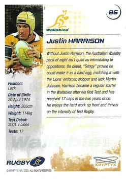 2003 Kryptyx The Defenders Australian Rugby Union #86 Justin Harrison Back